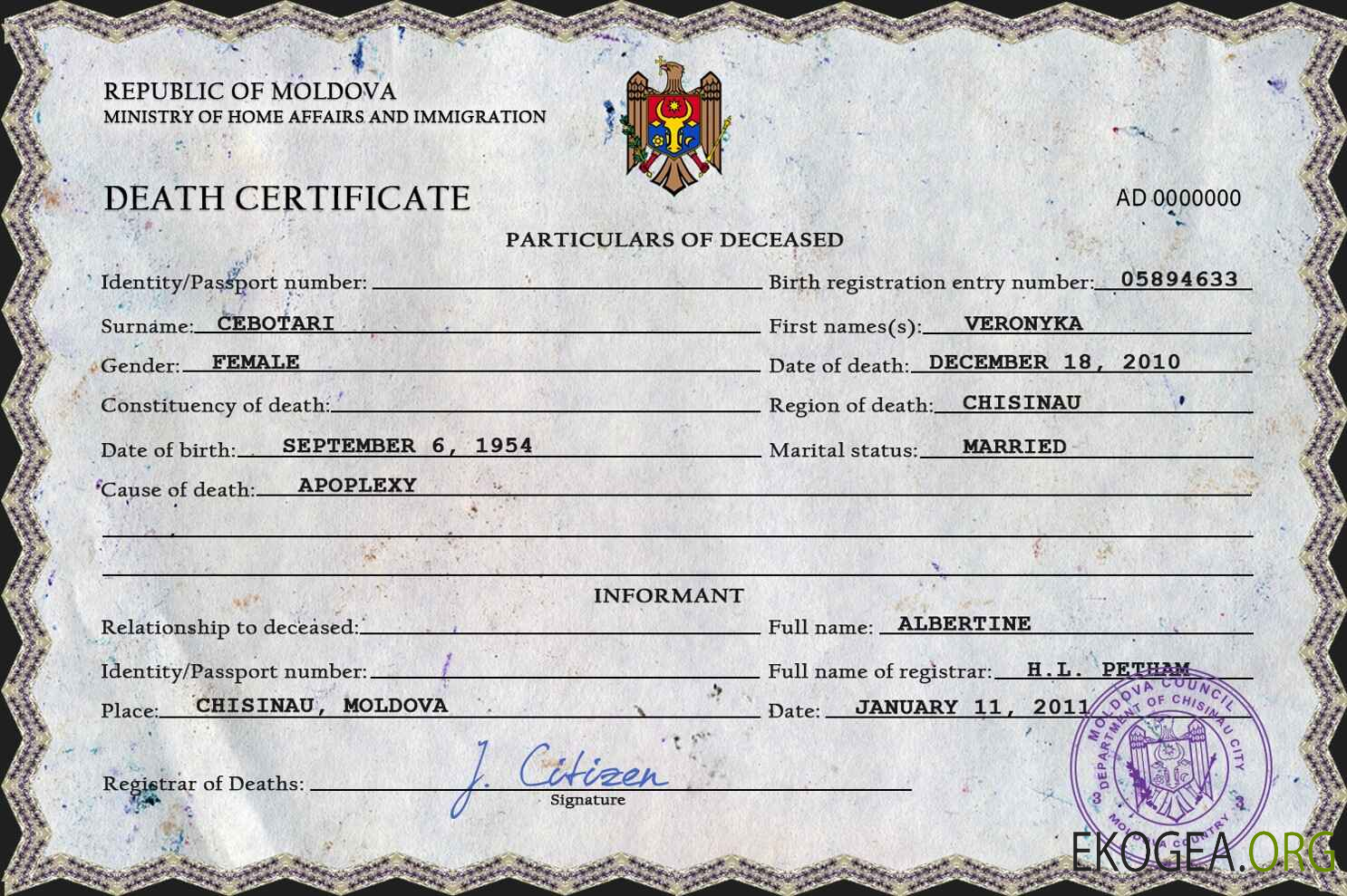 Modèle PSD de certificat de décès de l'état civil de Moldavie